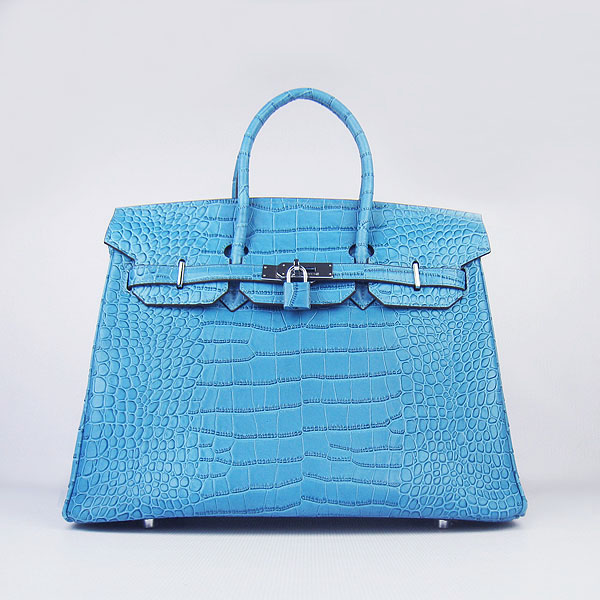 High Quality Fake Hermes Birkin 35CM Crocodile Veins Leather Bag Blue 6089